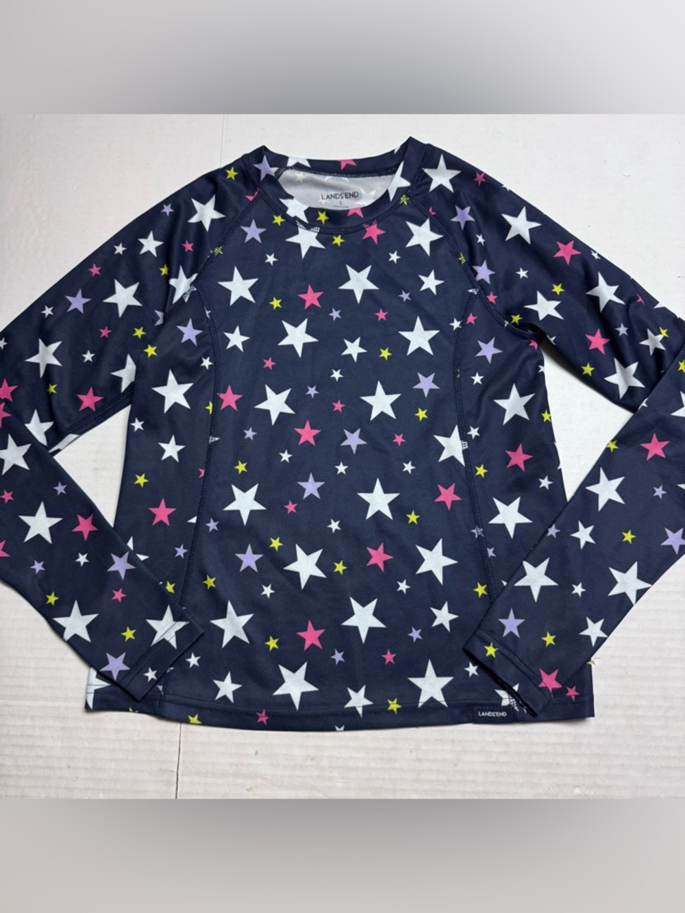Lands' End Girls' Long Sleeve Rash Guard Swimming Shirt Star Print Size Large 14